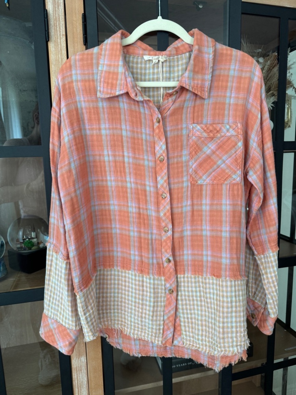 Patchwork flannel button down shirt long sleeve boho raw hem cotton plaid